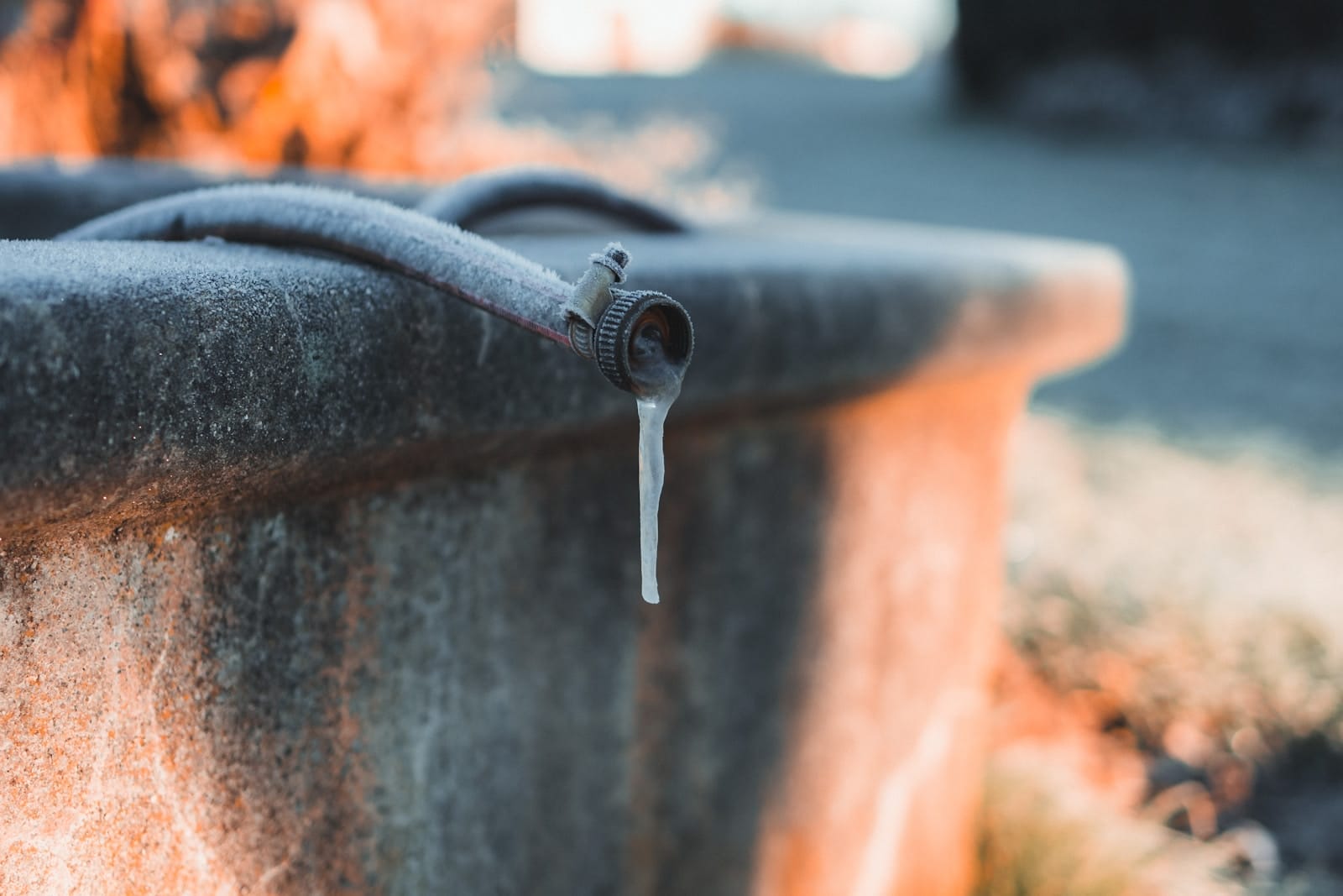 Frozen water trough with icicles hanging from spout.